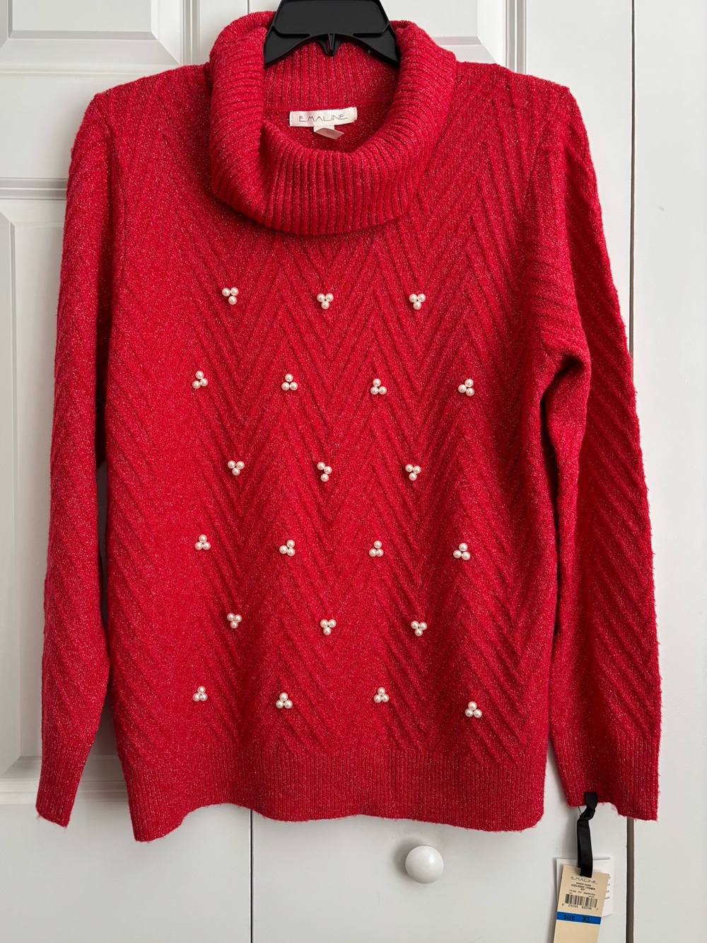 Emaline Red Pearl-Accent Cowl Neck Sweater